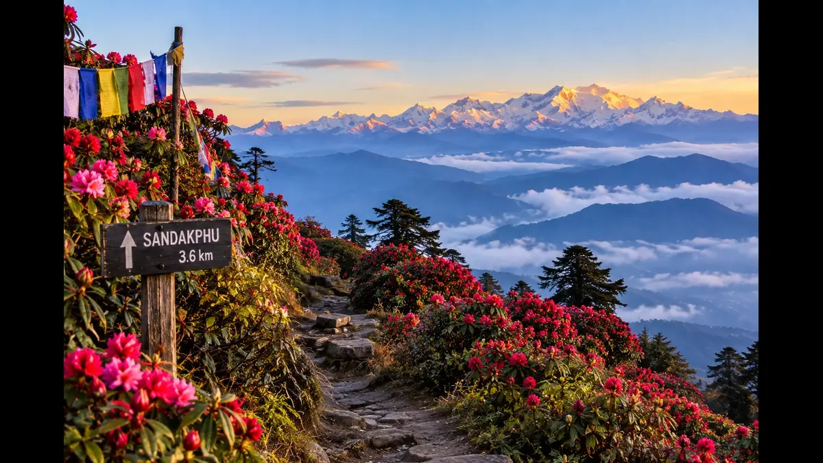 Rhododendron blooms on the Sandakphu trail in spring
